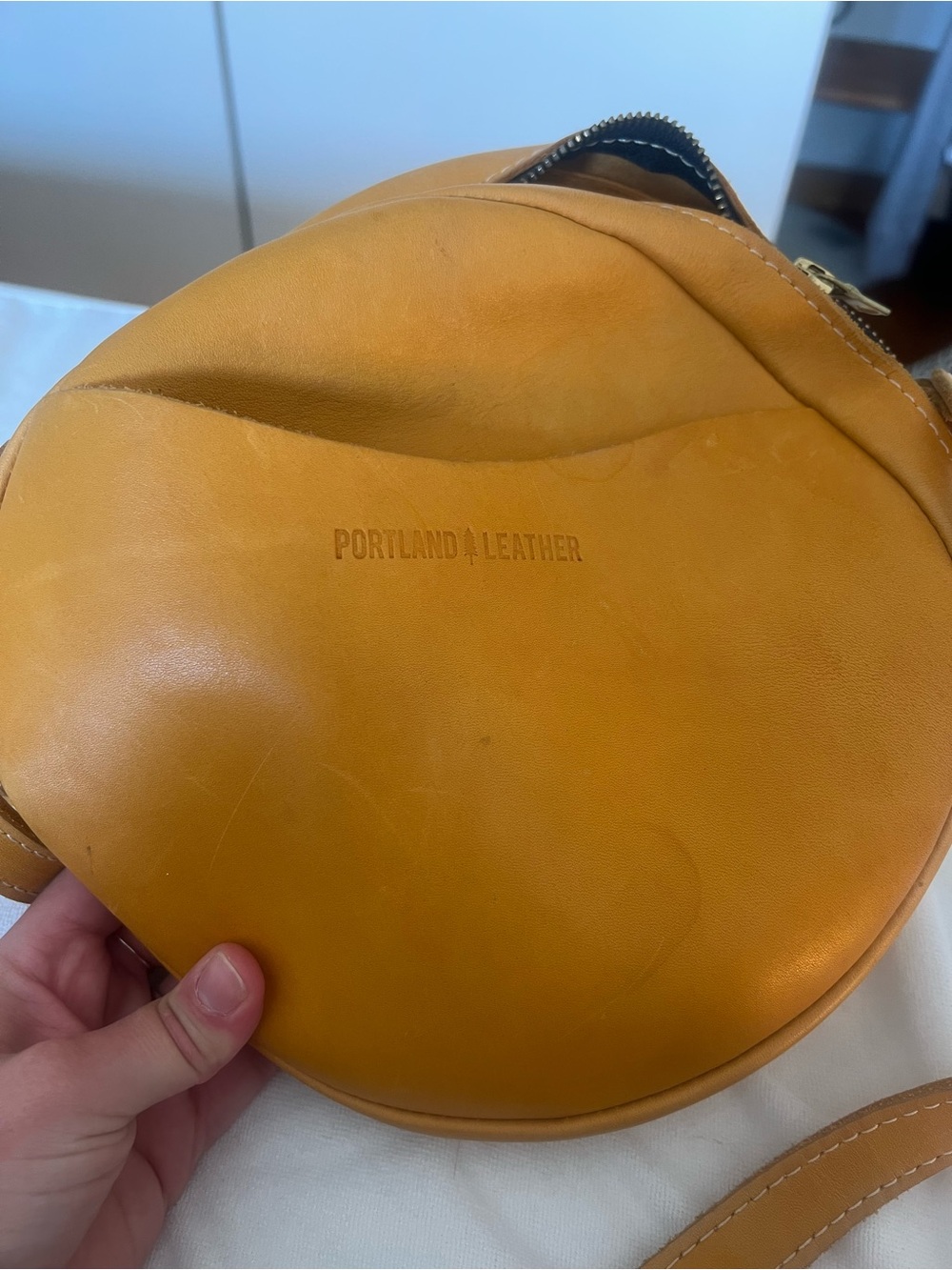 Portland Leather Round Crossbody Bag in Mustard Tan